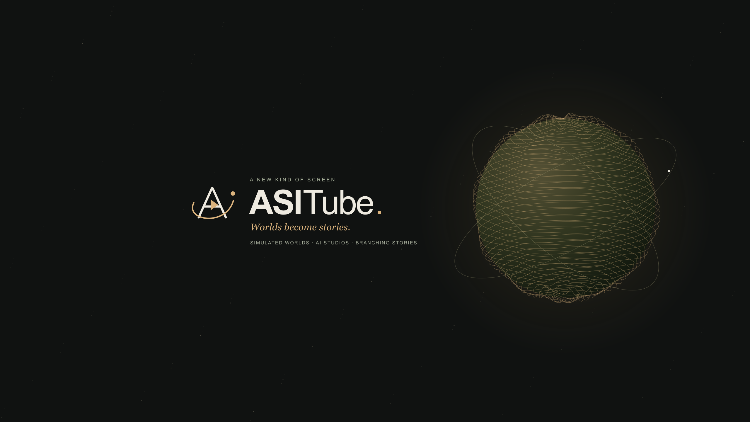 ASITube banner with the orbital logo, Worlds become stories tagline, and an amber contour world